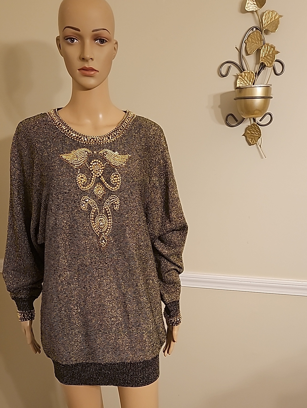 Embellished Metallic Knit Sweater Tunic - Gold
